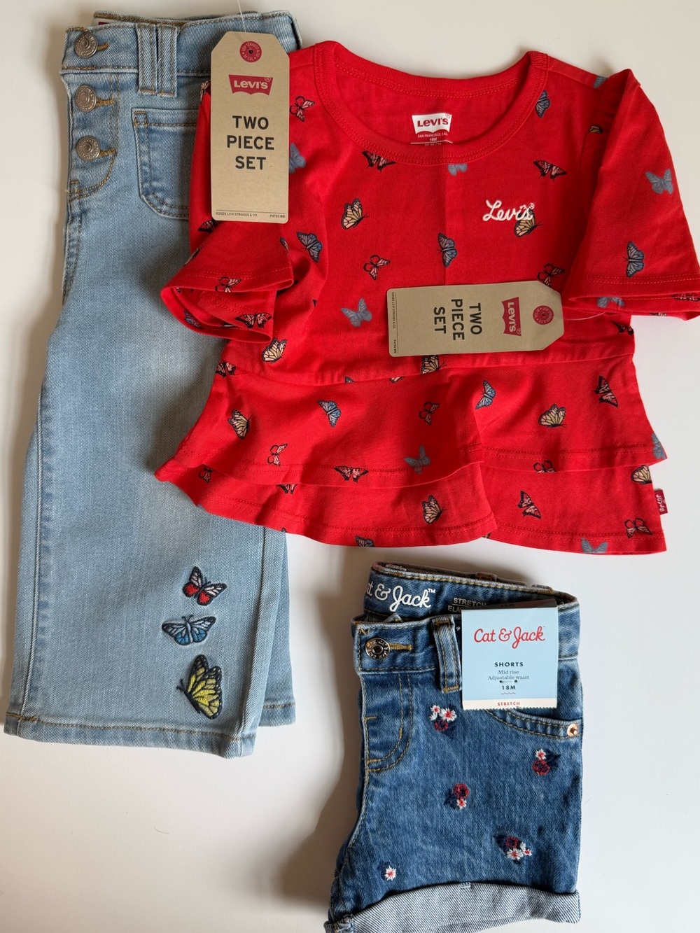 🦋Levi's Red Girls' Butterfly Peplum Top, Butterfly Jeans & Denim Shorts